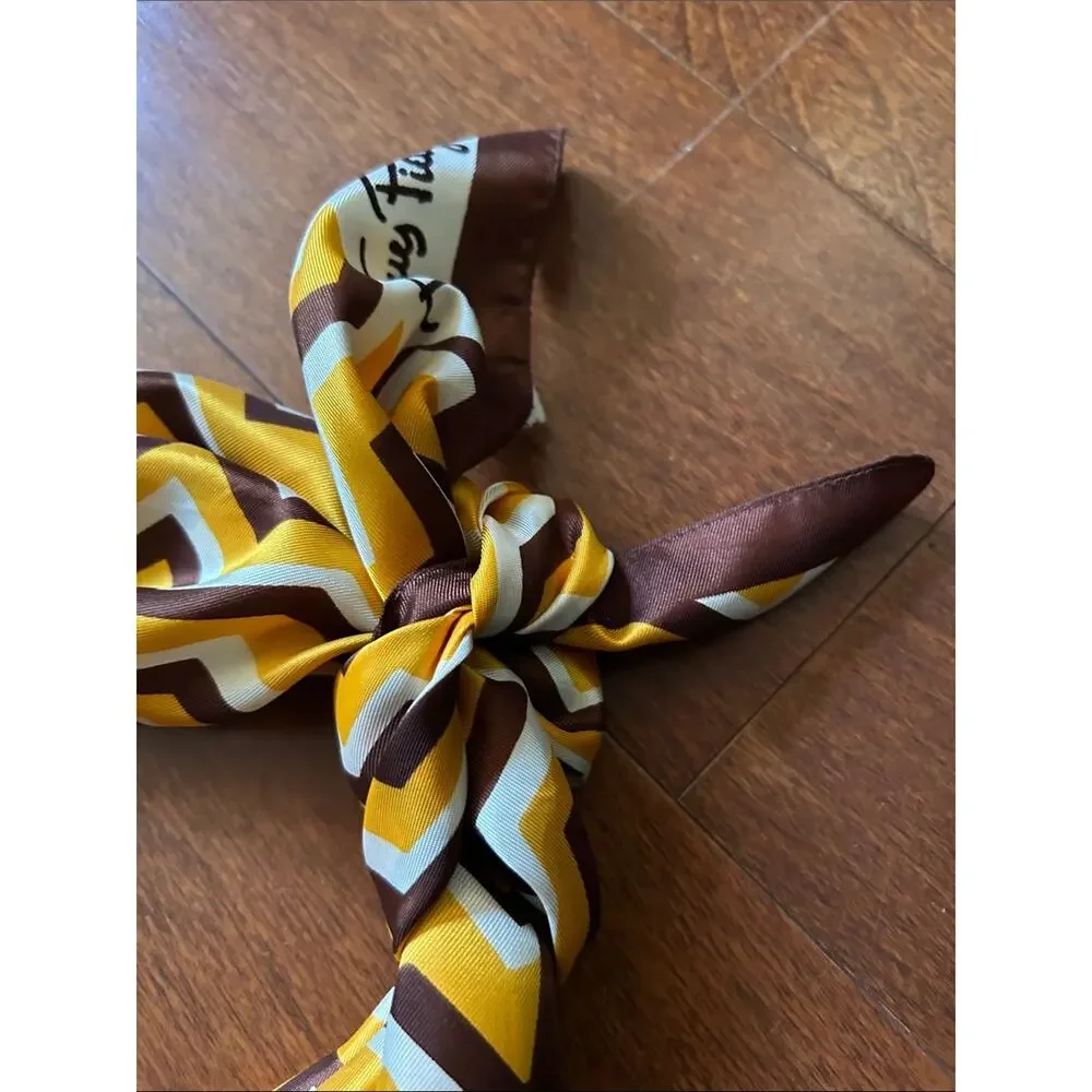 Vintage Jacques Piaget Zigzag Silky Scarf in Yellow, Brown & White
